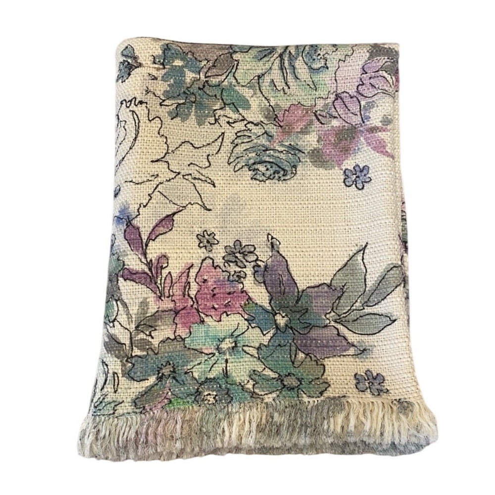 Vintage Soft Surroundings Watercolor Floral Woven Tapestry Throw Blanket Fringed